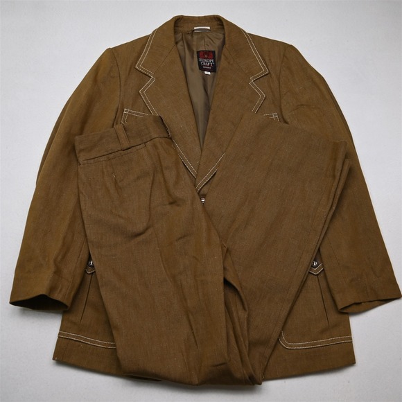 Vtg European Craft 40R 32x32 Tan Brown Denim Flare Mens Jacket Pants Suit